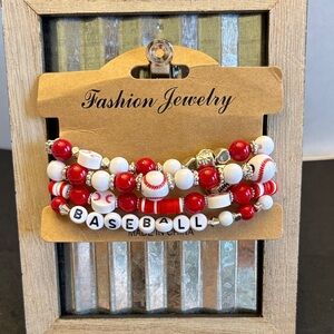 Red and White Baseball Beaded Bracelet Set of 4